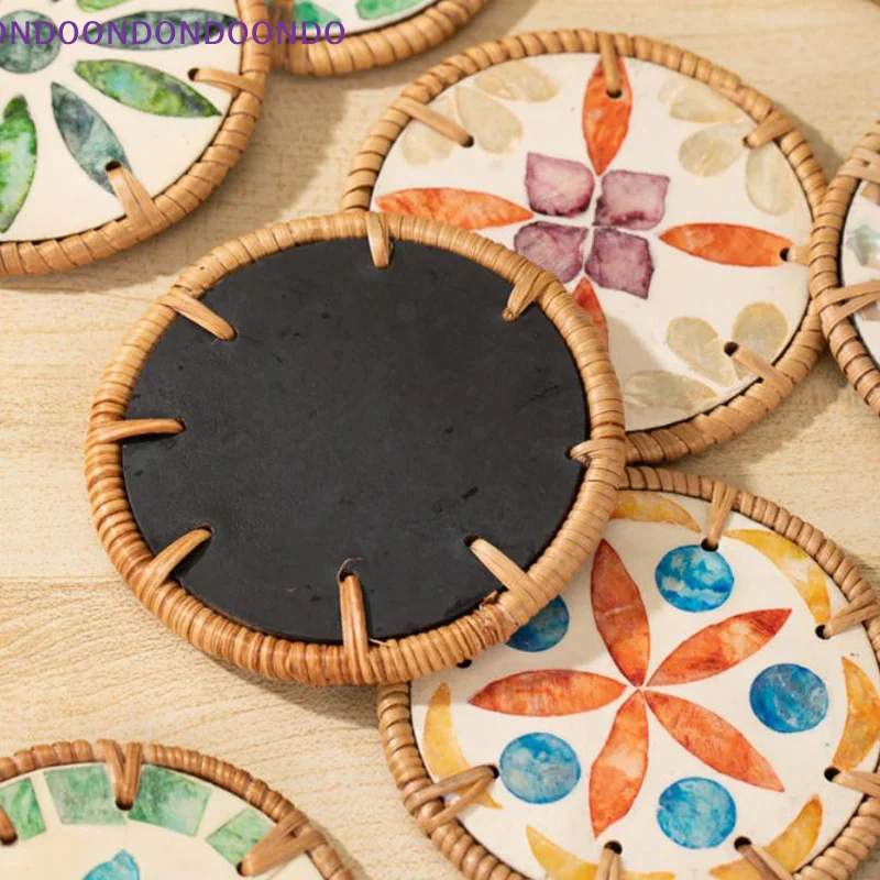 

Coffee Tea Hot Drink Mug Placemat Kitchen Colorful Shells Round Rattan Coaster Dining Table Protector Pad Heat Resistant Cup Mat