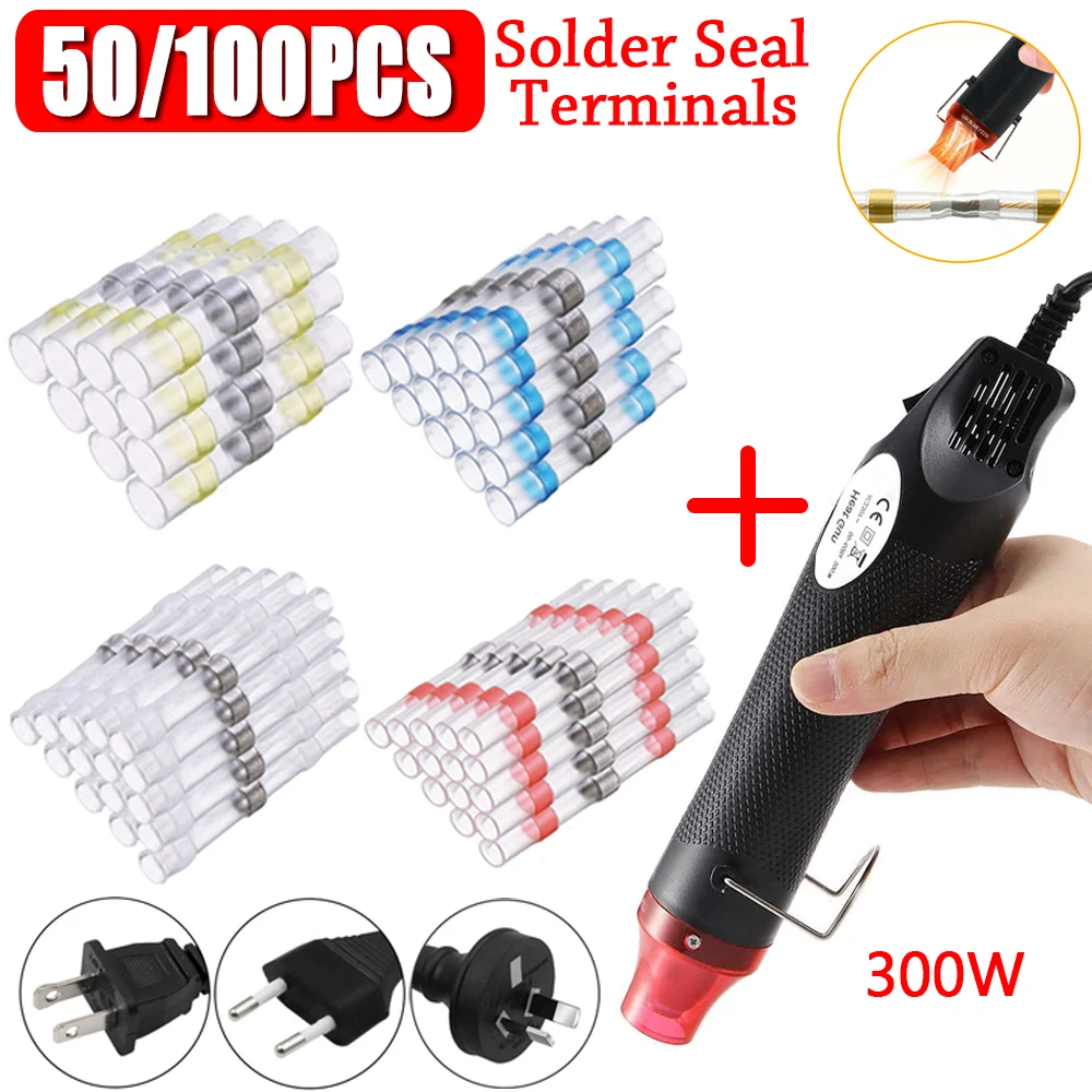 

50/100PCS Electrical Wire Cable Splice Terminal Kit Solder Seal Waterproof Heat Shrink Butt Crimp Terminal and 300W Hot Air Gun