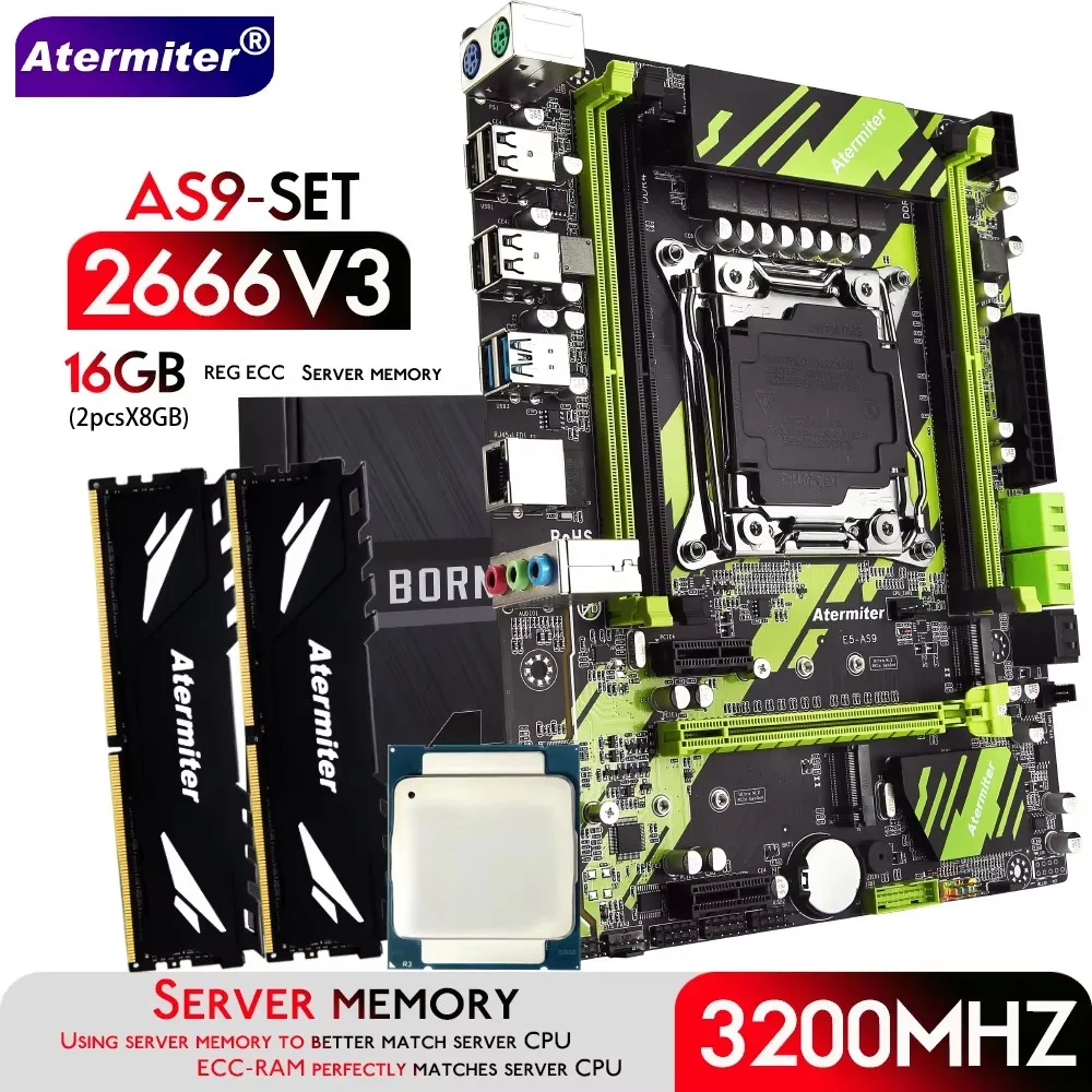 Atermiter X99 AS9 Motherboard Kit Set with Xeon E5 2666 V3 CPU LGA2011-3 Processor DDR4 16GB  2 X 8GB 3200MHz Memory REG ECC RAM