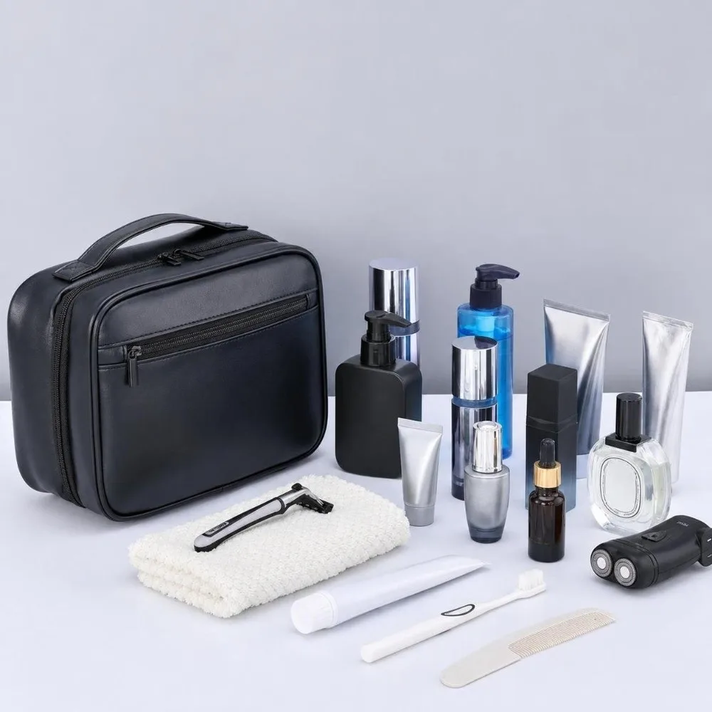 Vintage PU Leather Travel Toiletry Bag Large Capacity Waterproof Wash Bag Organizer Hanging Hook Bathroom Storage Bag Men