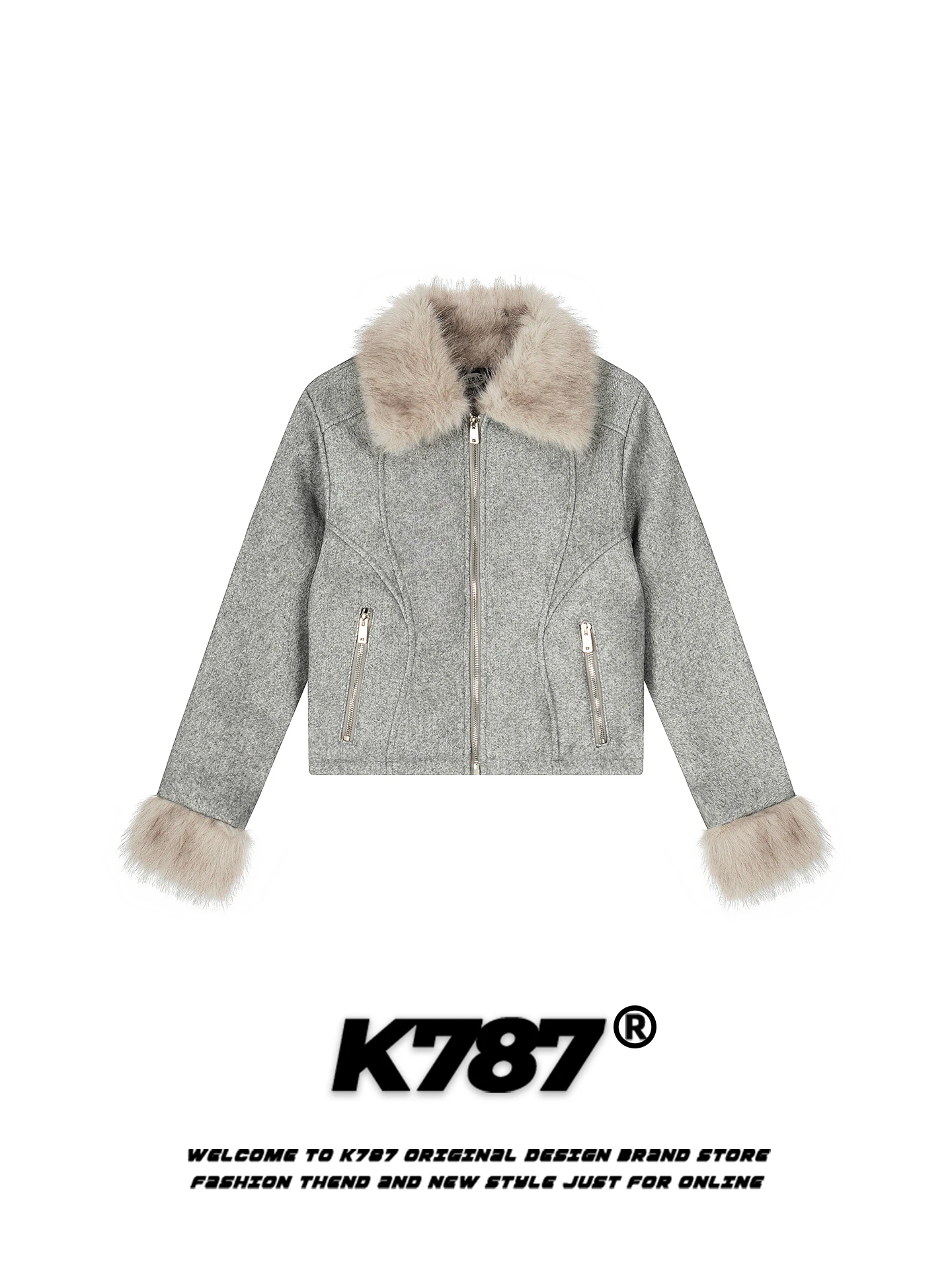 

K787 American Sle Streetwear Cotton Jaet Women's Cool And Tough Warm Cotton Coat with Zipper And Turn-down Fur Collar