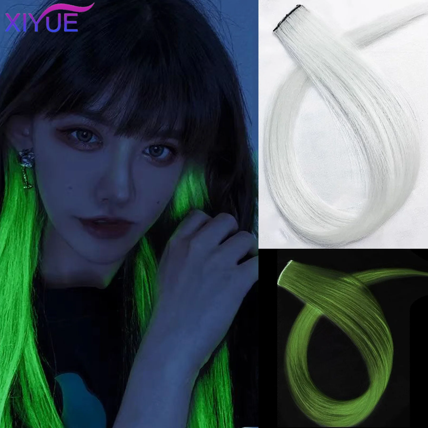 XIYUE Glow In The Dark Hair Extensions Clip Luminous Colored Hairpieces Party Rainbow Hair Clips Synthetic Neon Fake Hair