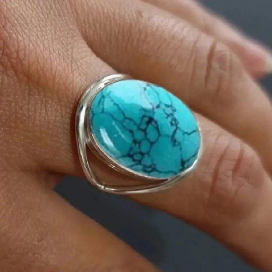 Classic Promise Ring Set with Gemstone Egg Shape Black Stone Turquoise Jewelry