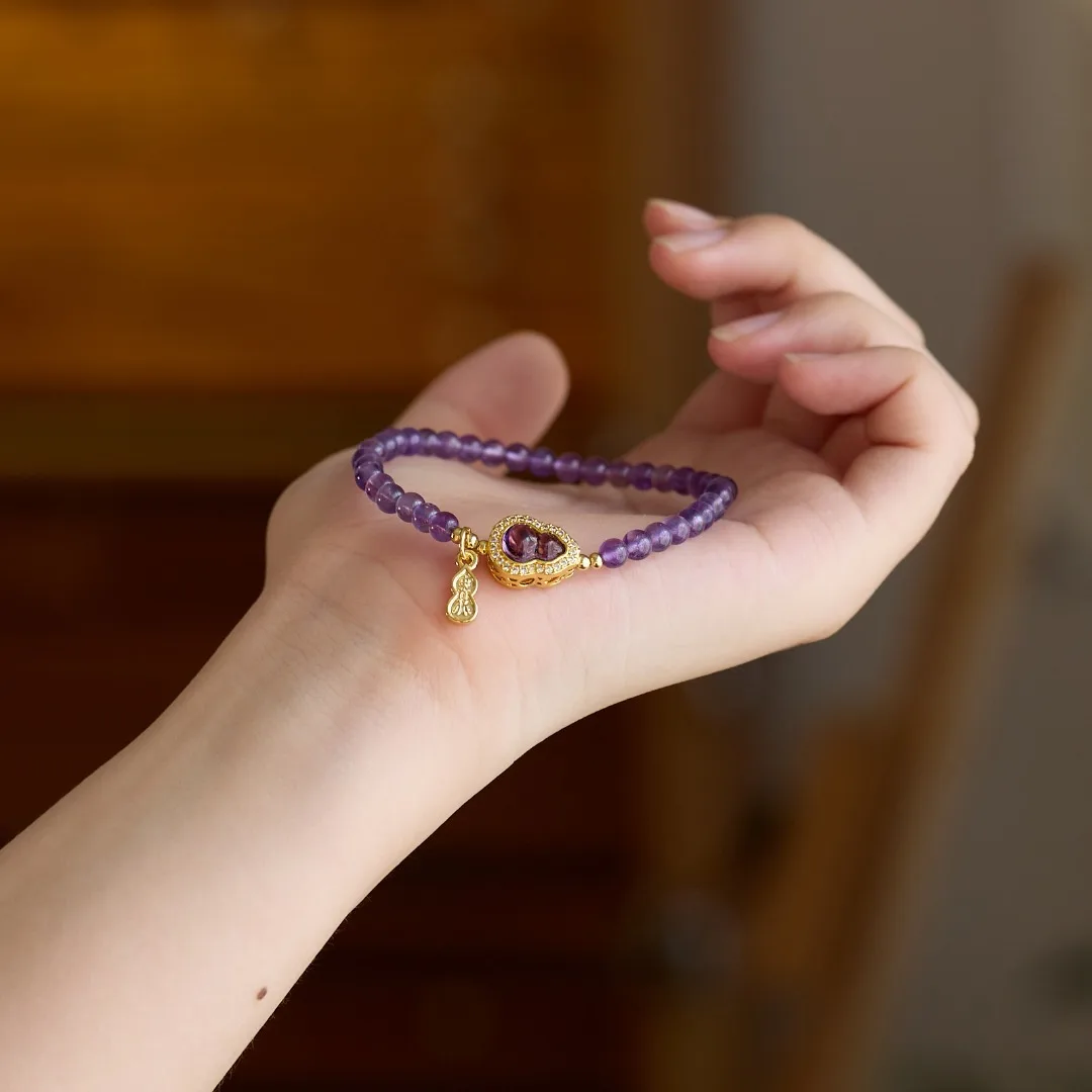 Natural Amethyst Gourd Beaded Bracelet For Women Chinese Style Elegant Single Strand Wenwan Collectible Jewelry Perfect Gift For