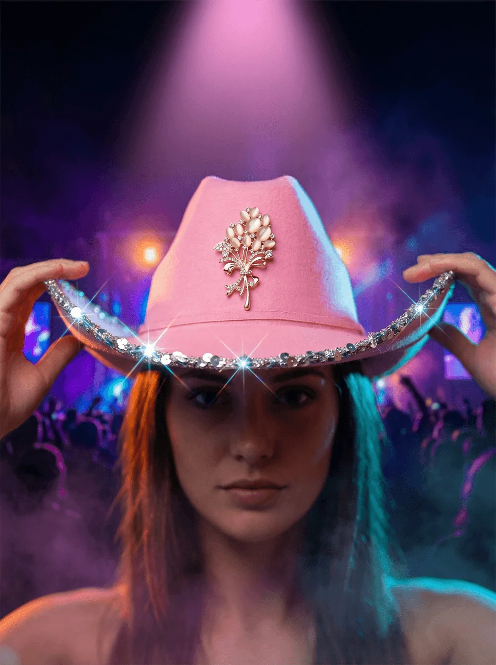 Women's Pink Western Cowboy Hat with Crystal Flower Brooch & Sequin Border – Glitter Cowgirl Hat for Costume & Country Parties