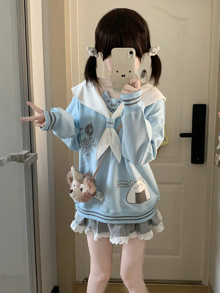 和風甘いかわいいネイビー襟プルオーバー秋の新女の子のかわいいプリントルーズ痩身カジュアルトップパーカートレーナー 2025