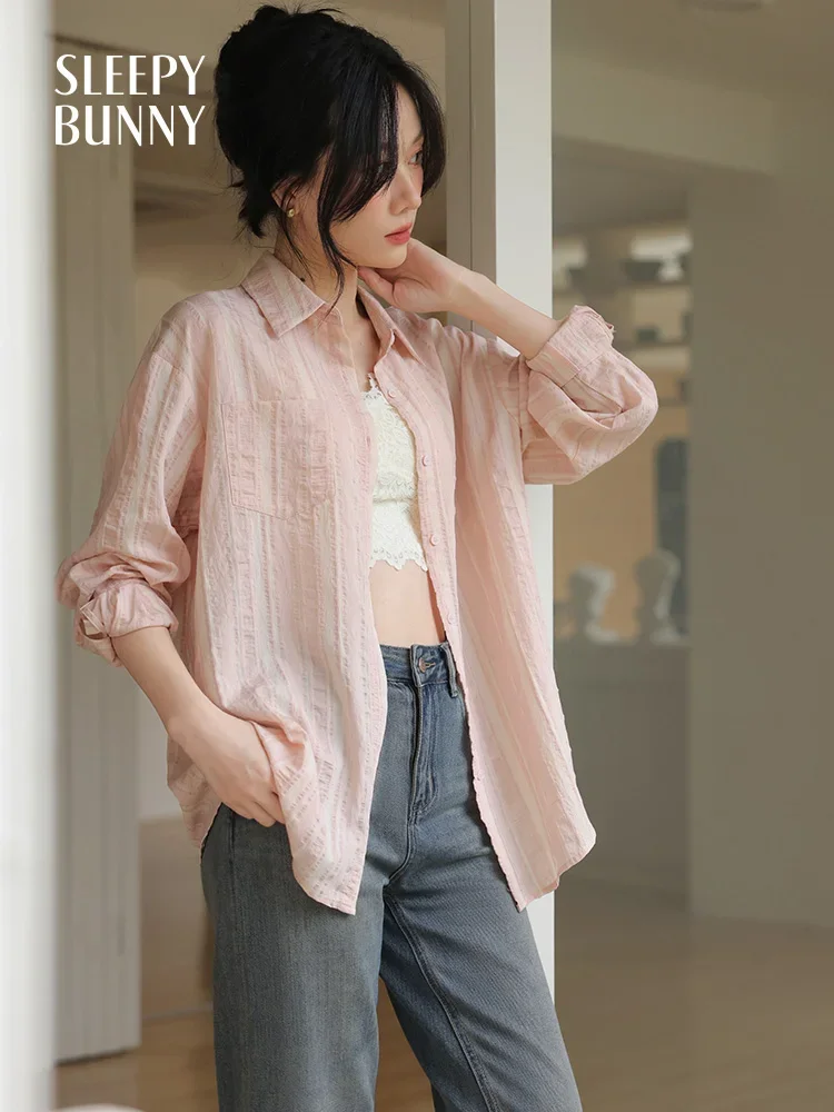 Women Summer Striped Textured Shirt Loose Fit Long Sleeve Button Down Blouse Casual Office Top Lightweight Daily Outerwear