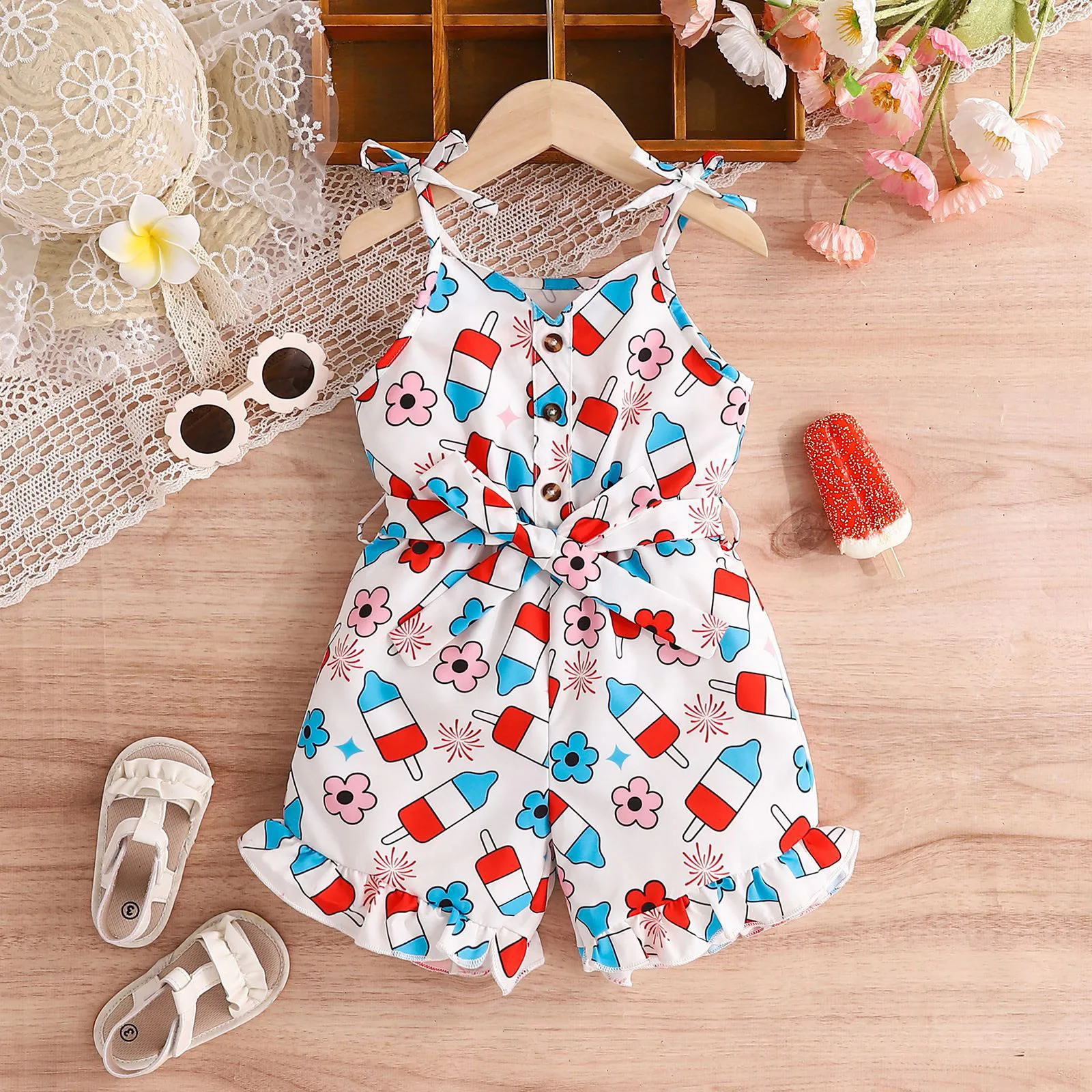 Toddler Kids Girls Summer Jumpsuit Shorts For Independence Days Star Print Sleeveless Playsuit with Belt Jumpsuit Babies Clothes