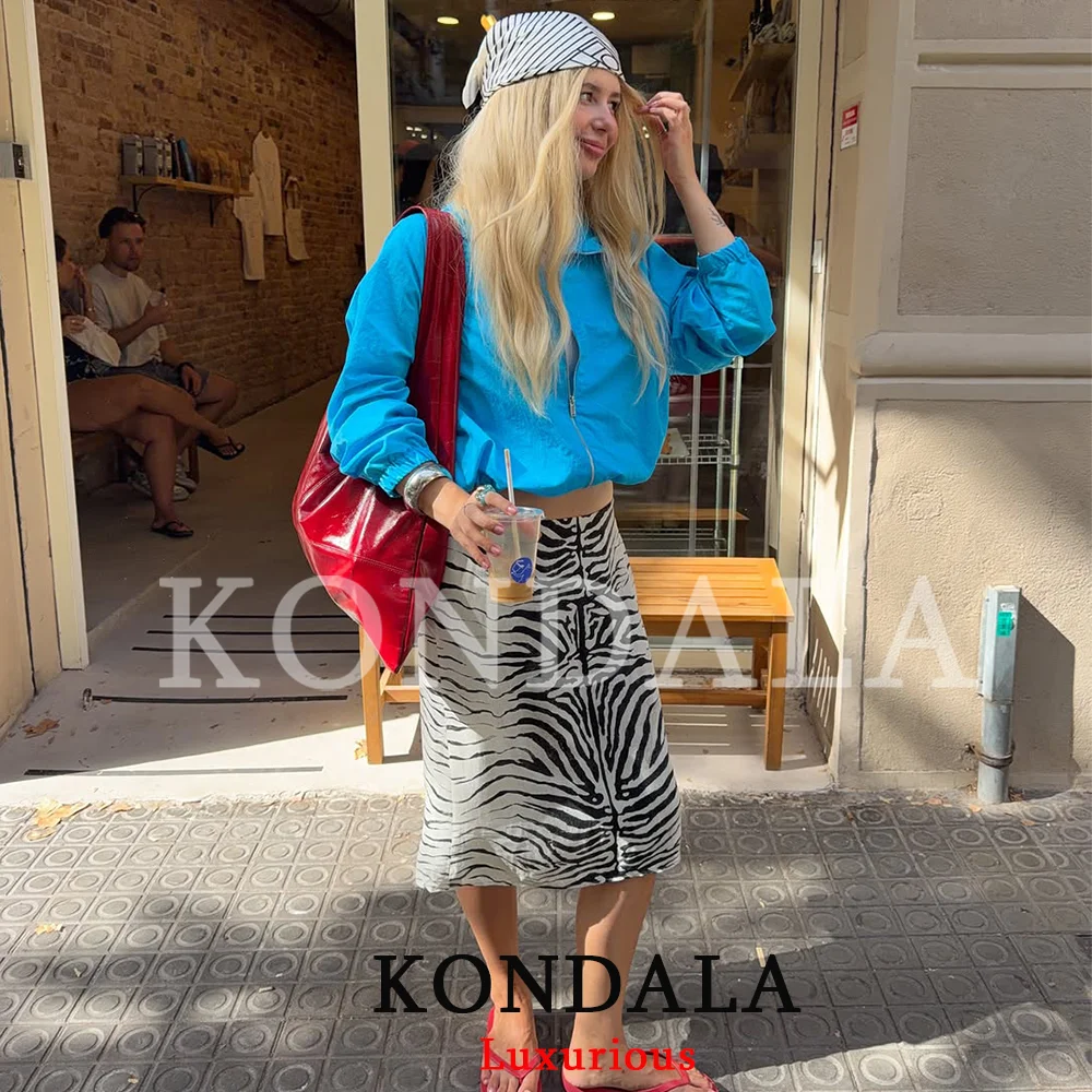 KONDALA Holiday Casual Chic Women Jacket Blue Stand Collar Zipper Long Sleeve Loose Jacket Fashion 2026 Autumn Y2K Girl Jacket