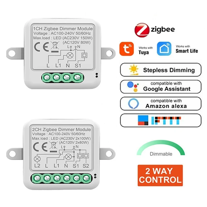 1CH 2CH Tuya Zigbee Dimming Smart Switch Module 2-Way Control Timing Dimmer Breaker On/Off Dimmer Light Switch Work Alexa Google