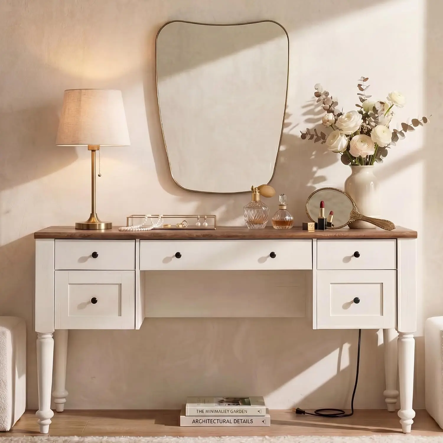 Farmhouse Vanity Desk 5 Drawers White Makeup Table Charging Station Cabinet Shelf Bedroom 56 Inch, Customized