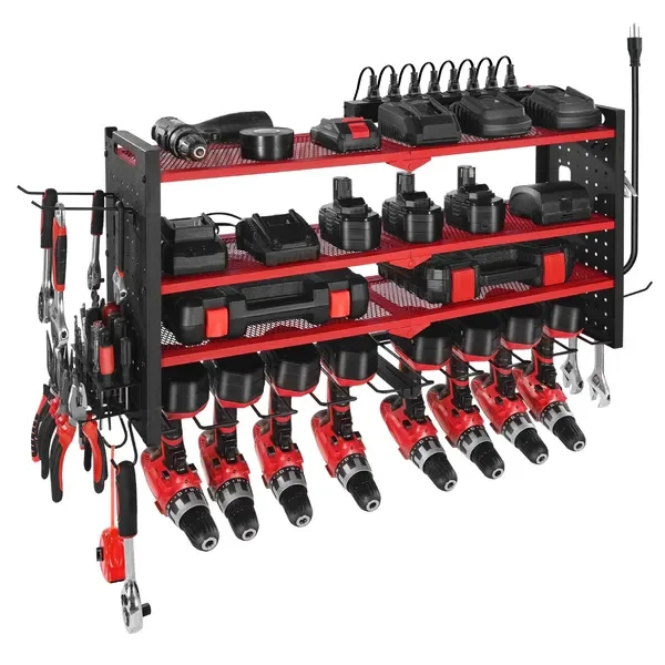 

Power Tool Organizer with Charging Station, 4-Layer Drill Rack, 8 Holders, 8-Outlet Power Strip, Garage Workbench Storage