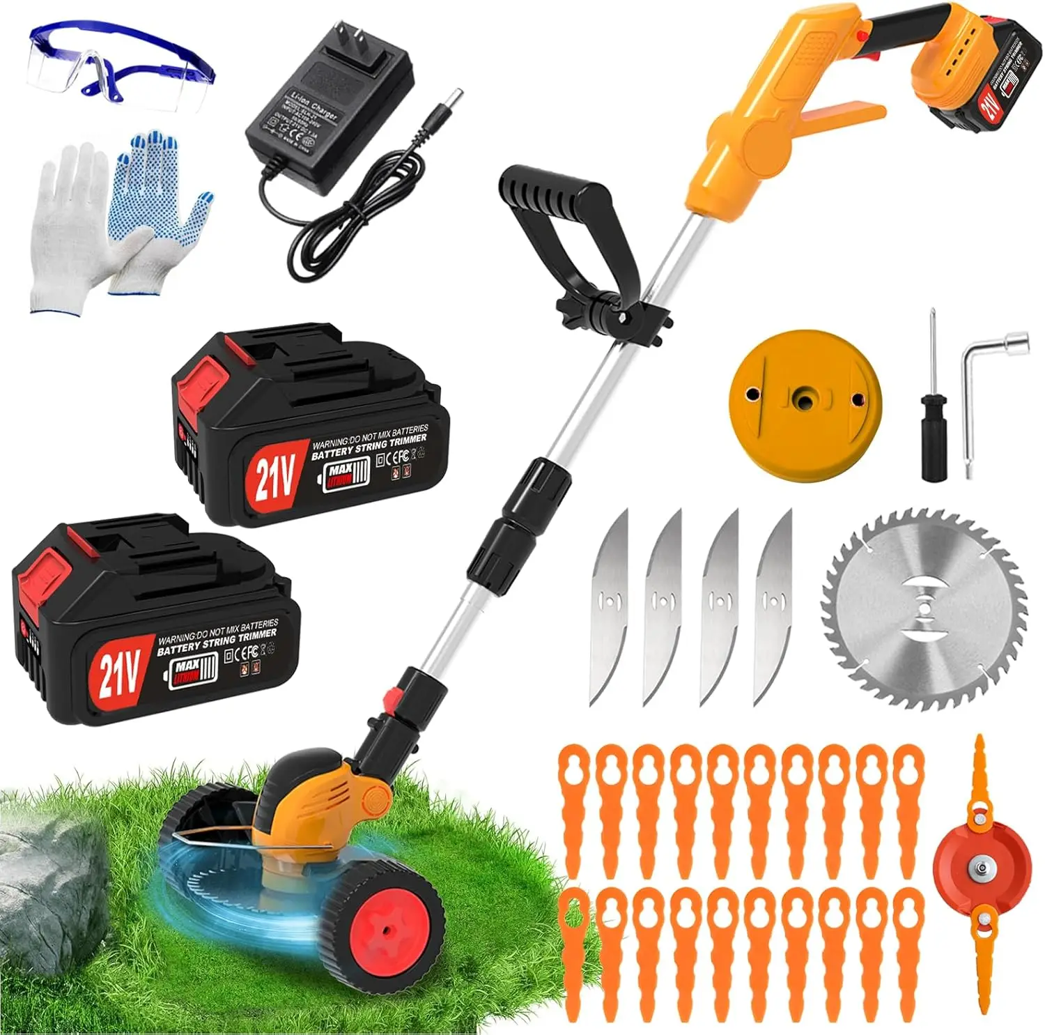 

Электрический аккумуляторный пожиратель Weed Wacker, триммер для травы без струн с батарейным питанием и 2 батареями 21 В/4 Ач, 3 типа лезвий и колесо