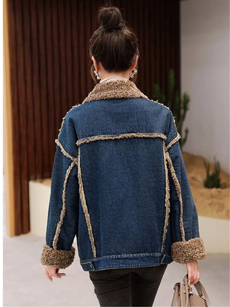 Plus Size Winter Denim Jack Vrouwen Kleding Koreaanse Mode Pluche Plus Fluwelen Gewatteerde Warme Splice Lamswool Cowboy Bovenkleding Vrouw