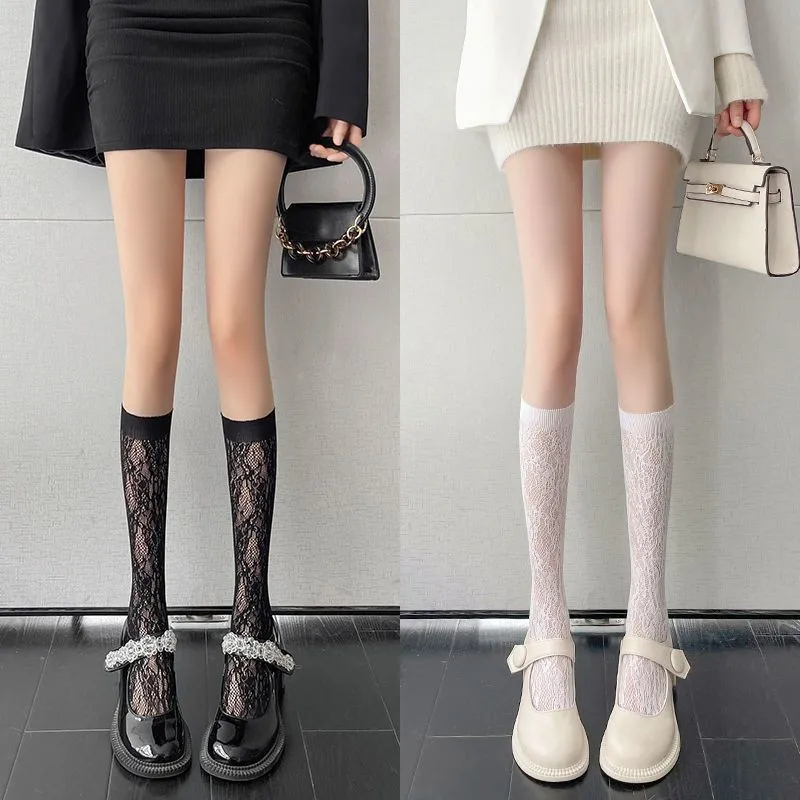 JKWhite Calf Socks Women's Spring and Summer Ultra-Thin Black Silk Knee-Length Half Socks Bunching Socks Japanese Sweet White St