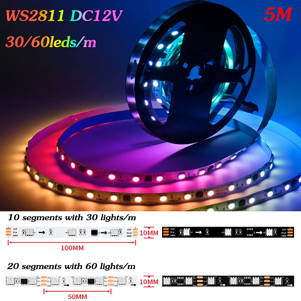

DC12V WS2811 Светодиодная лента RGBIC с индивидуальной адресацией IC 30/60 пикселей/светодиодов/м Ленточный светильник Smart RGB Pixels Светодиодная лента 5 м один рулон