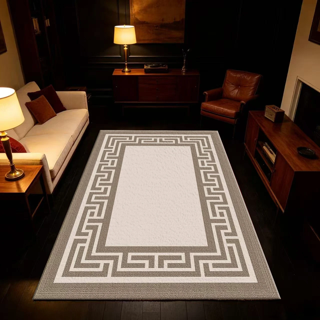 Greek Key Geometric Border Style Carpet Flooring Anti-Slip Floor Rug For Living Room Indoor Home Decoration
