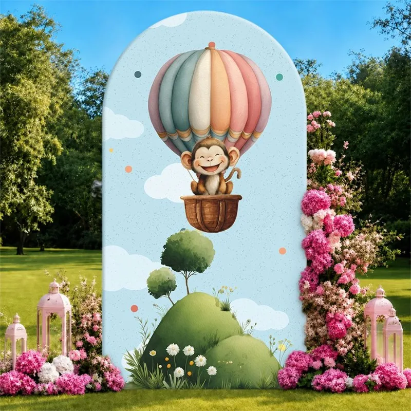 

Single Side Arch Backdrop Cover Whimsical Hot Air Balloon Monkey Theme Backdrop for Elegant Outdoor Parties Featuring Pastel