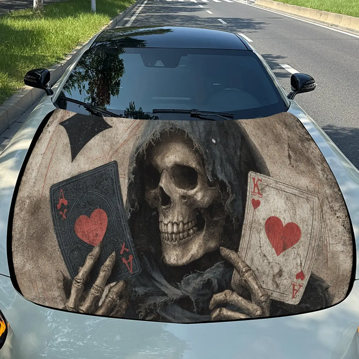 ダイナミックスカルポーカーpvcカーフードラップ、自己粘着防水カーボンネットデカールステッカー、車の装飾保護ステッカー