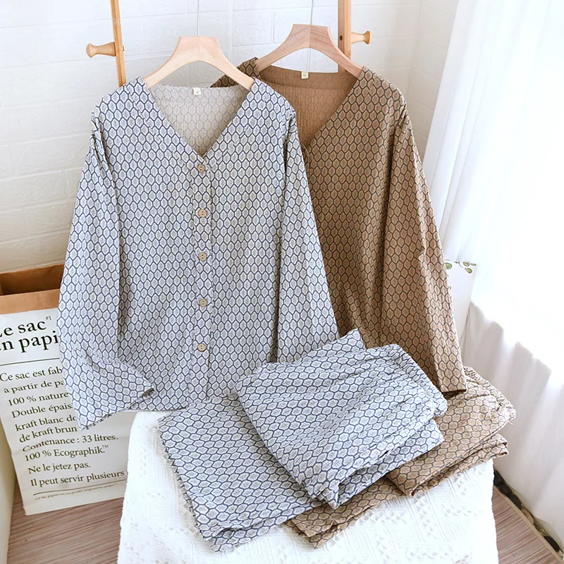 

Pure Cotton V-neck Long Sleeve Trousers Pajama Set Loose and Comfortable Casual Wear Spring Geometric Cardigan Home Clothing