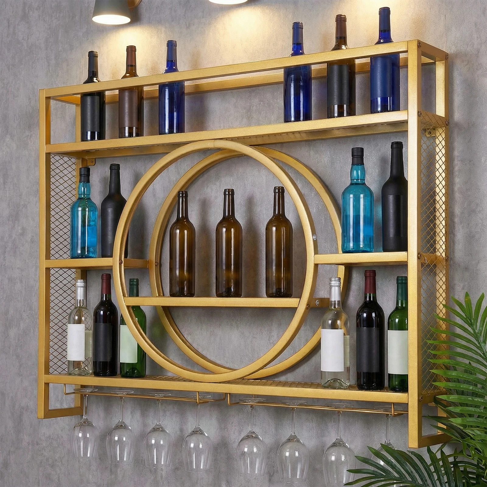 

Металлическая настенная винная полка на 3 уровня с LED-подсветкой и держателем для бокалов для домашнего бара, столовой и кухни