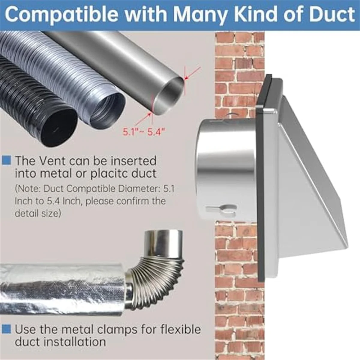 Cubierta de ventilación para secadora de 6 pulgadas, pared exterior con solapa acolchada sin retorno, ventilación de pared con Extractor externo, cubierta de ventilación de acero inoxidable
