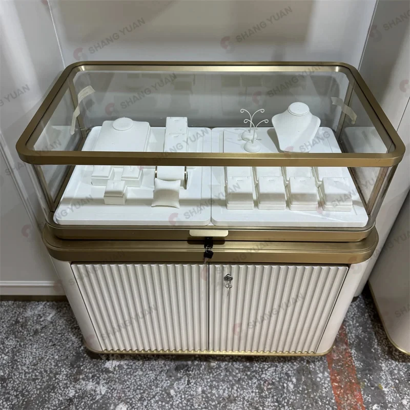 custom.Stylish Wooden Base Lockable Jewelry Showcases LED Jewelry Display Professional Jewelry Store