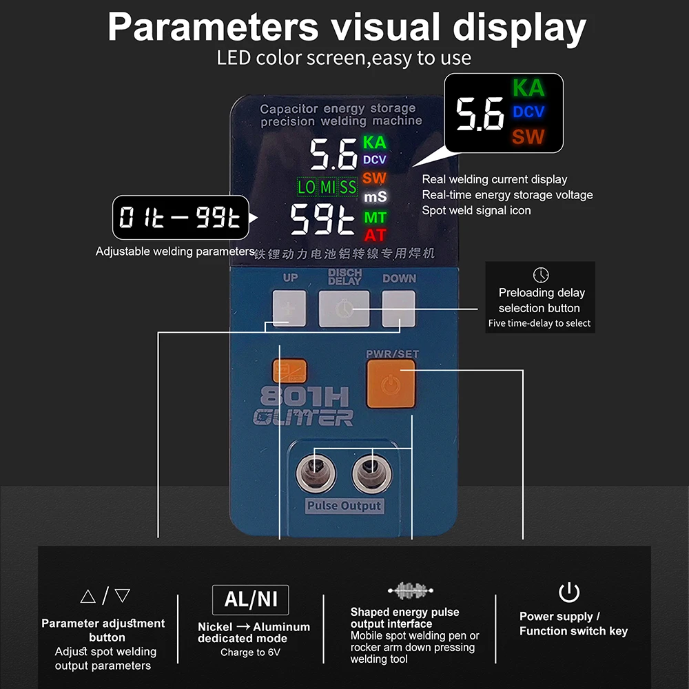 GLITTER 801H Industrial Energy Storage Welder 420J Pulse Energy 0.2-0.4mm Ni/Al Welding Auto-Discharge Safe System