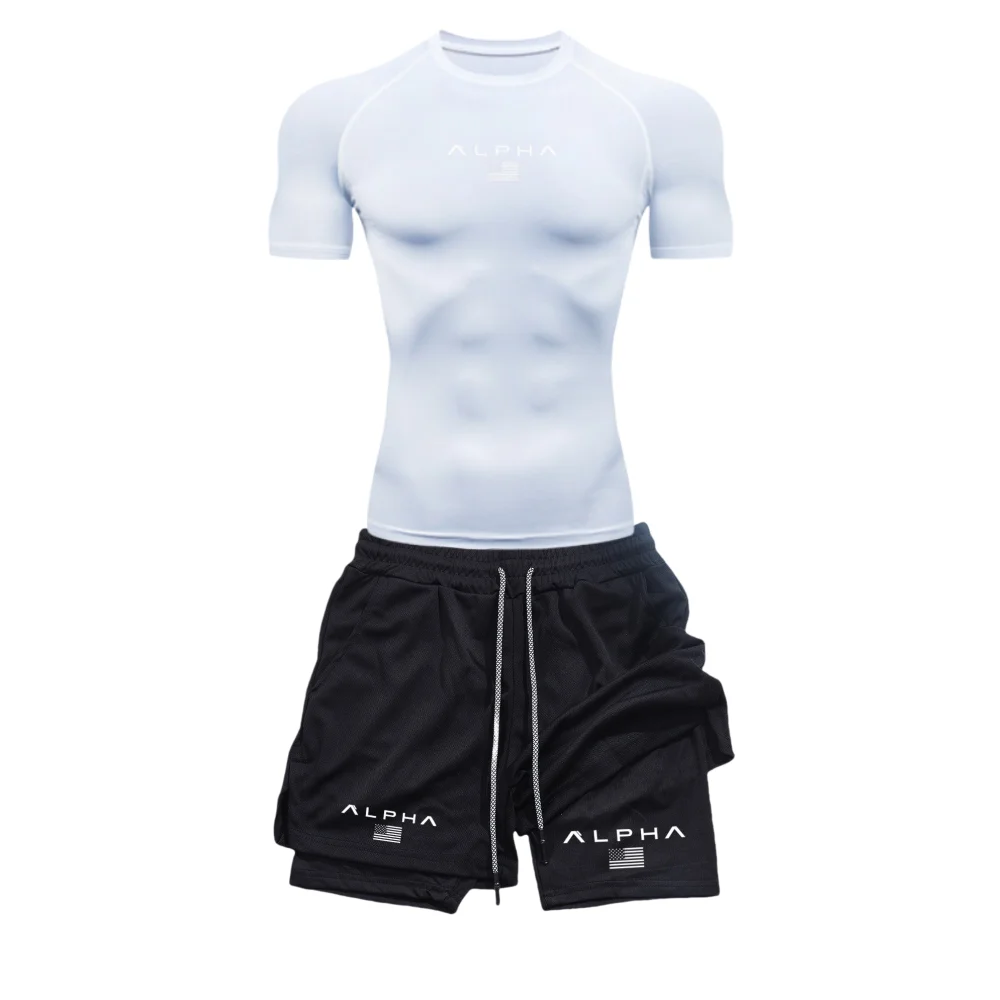 

Мужской модный быстросохнущий дышащий спортивный комплект с принтом, спортивный комплект для медленного бега и фитнеса на открытом воздухе