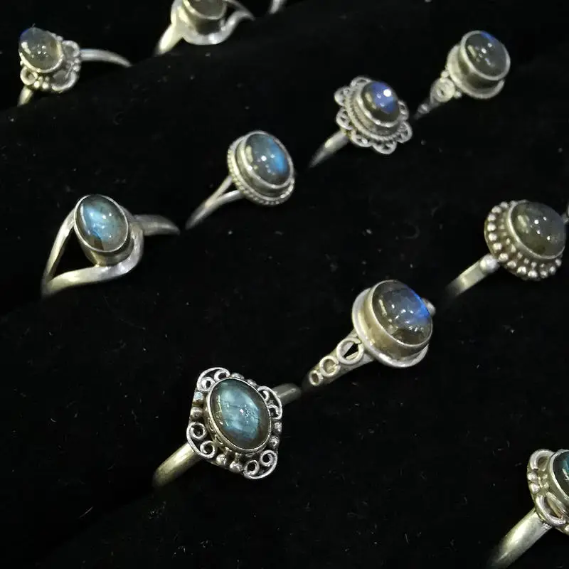Hand 925 Silver Inlaid Natural Labradorite Rings for Lady T9048