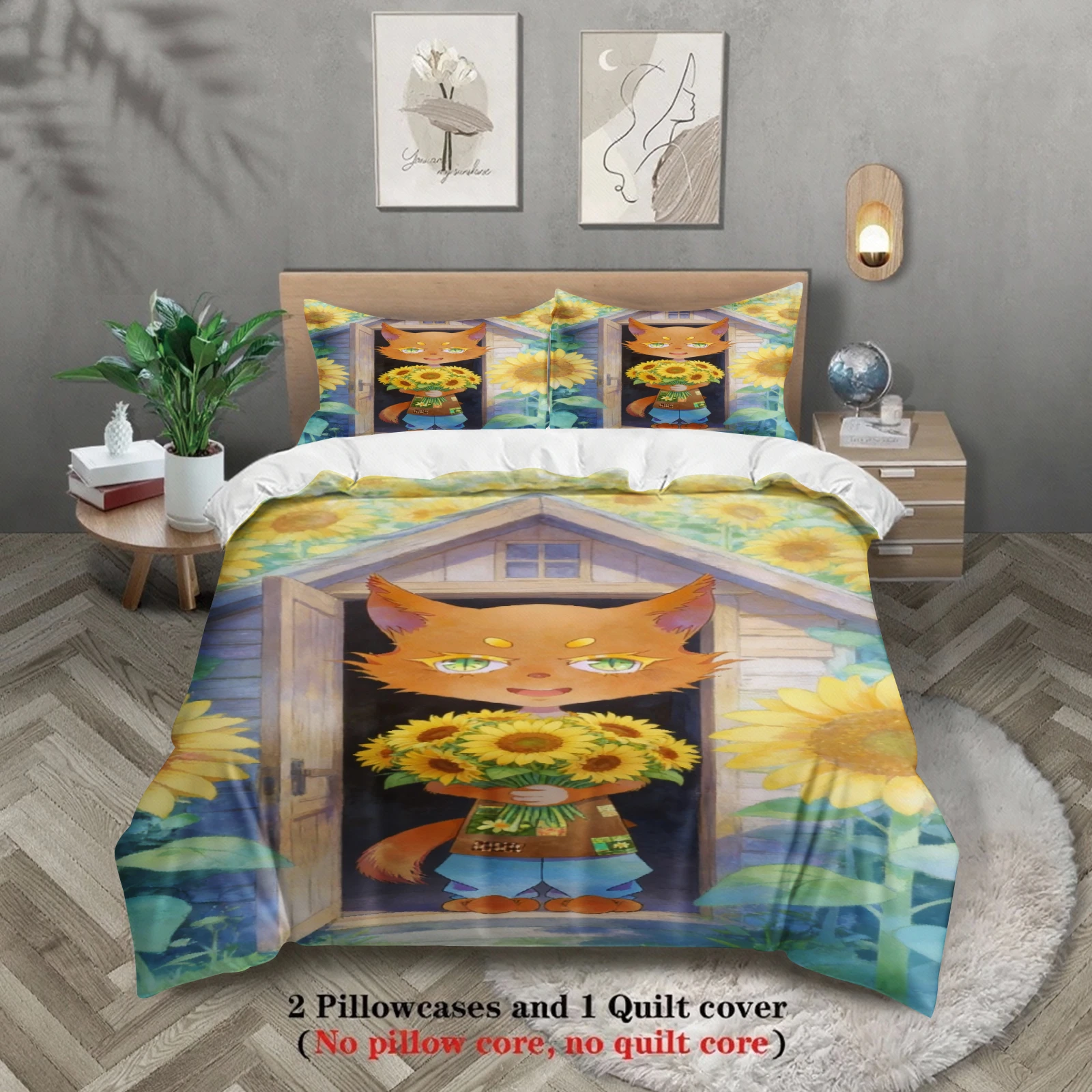 Sunflowers Bedding Set Softville Cozy Town Cute Fern the Quilt Fox With Duvet Cover & Pillowcase For Children's Bedroom Decor