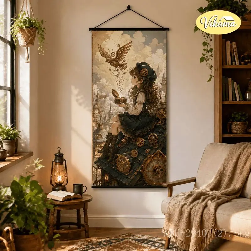 VIKAMA Steampunk Beret Girl Tapestry Gear Rooftop Box Mechanical Bird Town Anime Art Polyester Wall Hanging Bedroom Dorm Decor