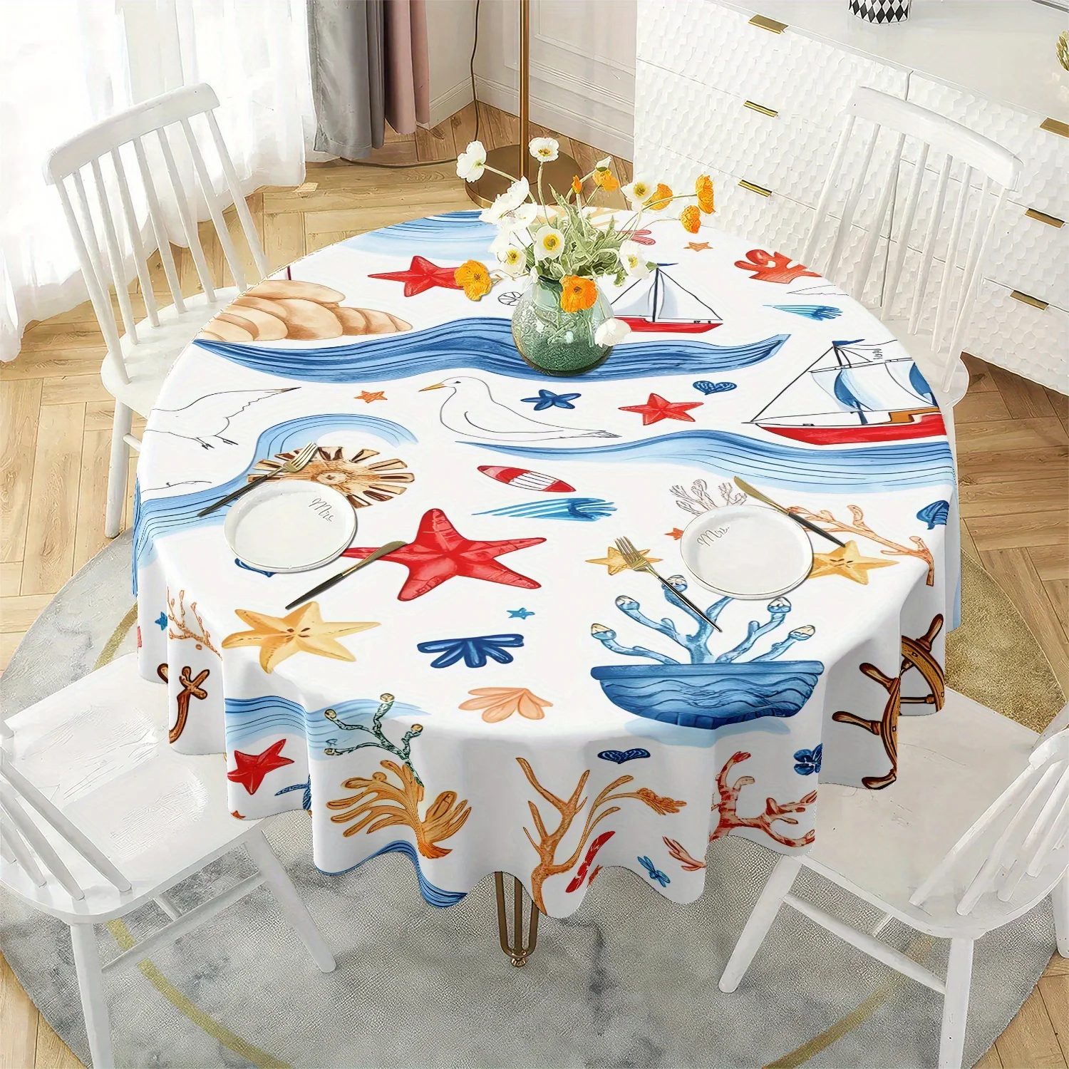 One summer marine-themed tablecloth featuring starfish and sailboats, made of durable polyester in a round shape