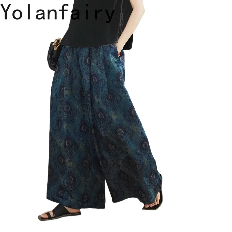 YOLANFAIRY High-end 100%Mulberry Silk Pants for Women Print Gambiered Casual Trousers Elastic Waist Loose Wide Leg Pants 2026