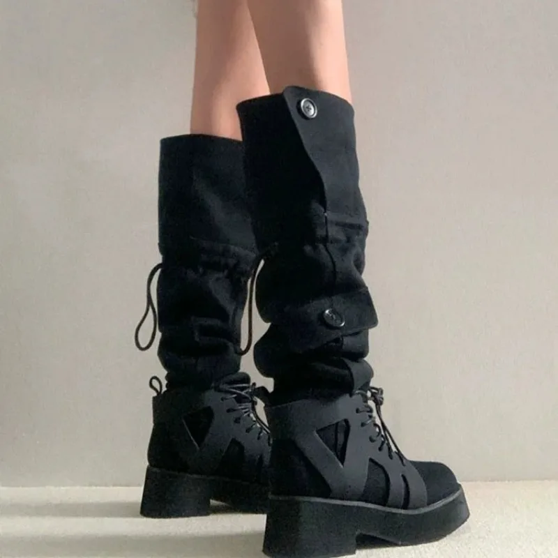 Buty damskie Długie obuwie Platforma Czarne buty dla kobiet Zimowe buty do kolan Kwadratowe palce Western Punk Gyaru Boot 2024 New Hot