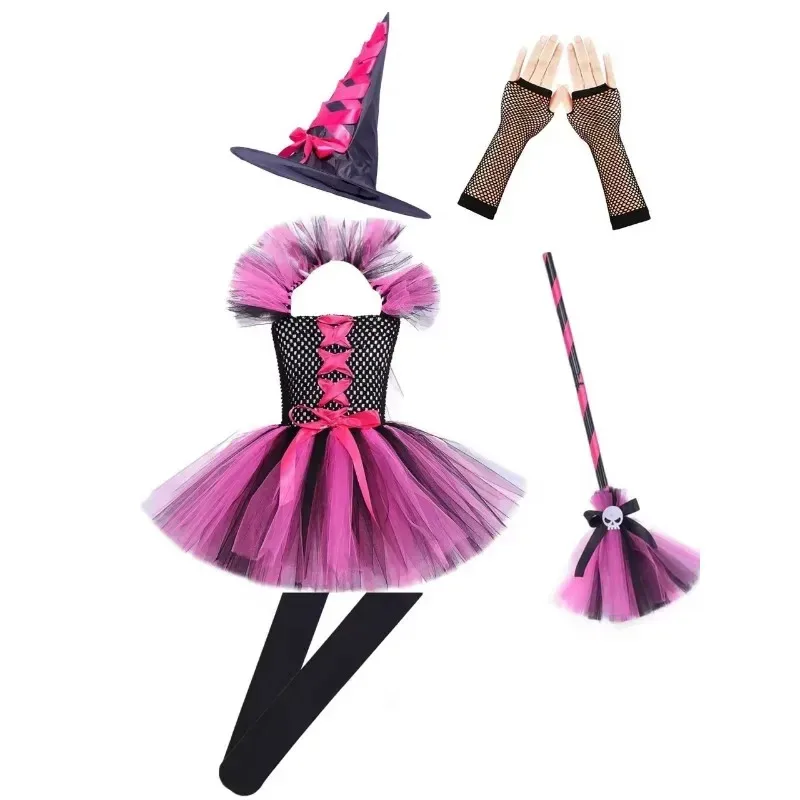 Kostum Penyihir Penyamaran untuk Anak Perempuan Gaun Tutu Halloween dengan Topi Sapu Pantyhose Set Pakaian Pesta Karnaval Cosplay Anak-anak ir;l5