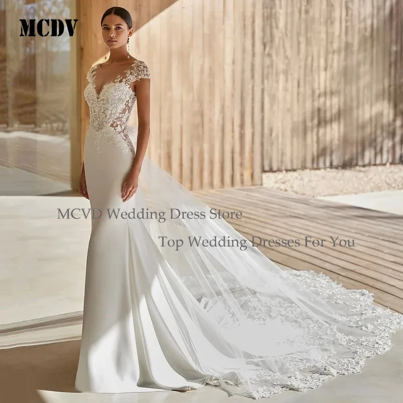 

MCDV Customized Backless Lace Bridal Gown With Flowing Train Appliques Elegant Cap Sleeve Bride Wedding Dress For Women 2026