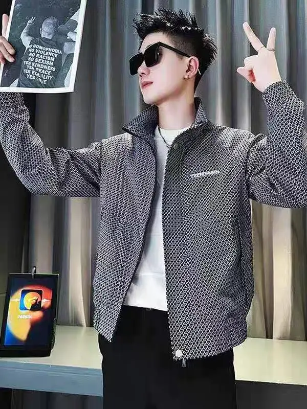 

Мужская клетчатая куртка с воротником-стойкой, осенне-зимняя куртка-стойка, длинная верхняя одежда из полиэстера против морщин, новинка 2023 г.