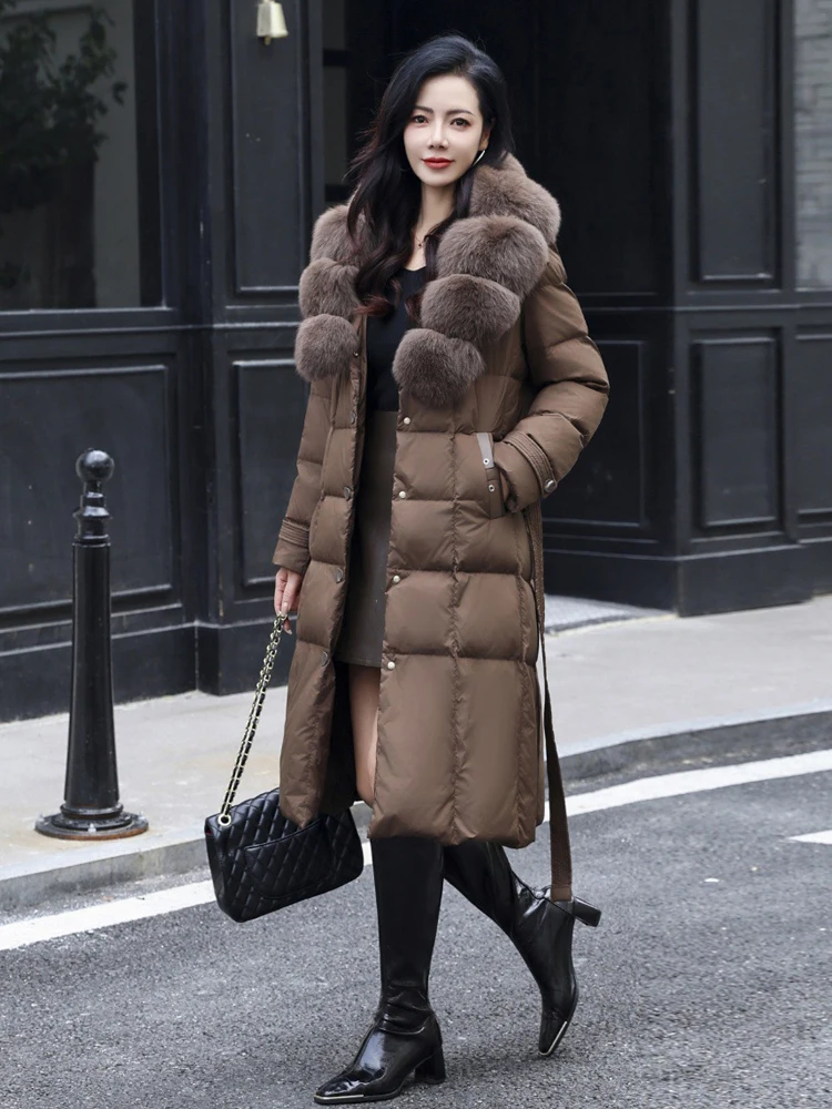 럭셔리 리얼 폭스 퍼 칼라 롱 다운 재킷 여성용 따뜻한 2026 겨울 패션 브이넥 퍼퍼 코트 허리띠 포함 파카 INKEO DJ634