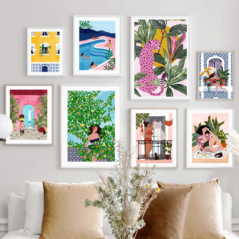 Boho Fashion Girl Leopard Life Illustration Wandkunst Leinwandgemälde Abstraktes Poster und Drucke Bilder für Wohnzimmer-Deko