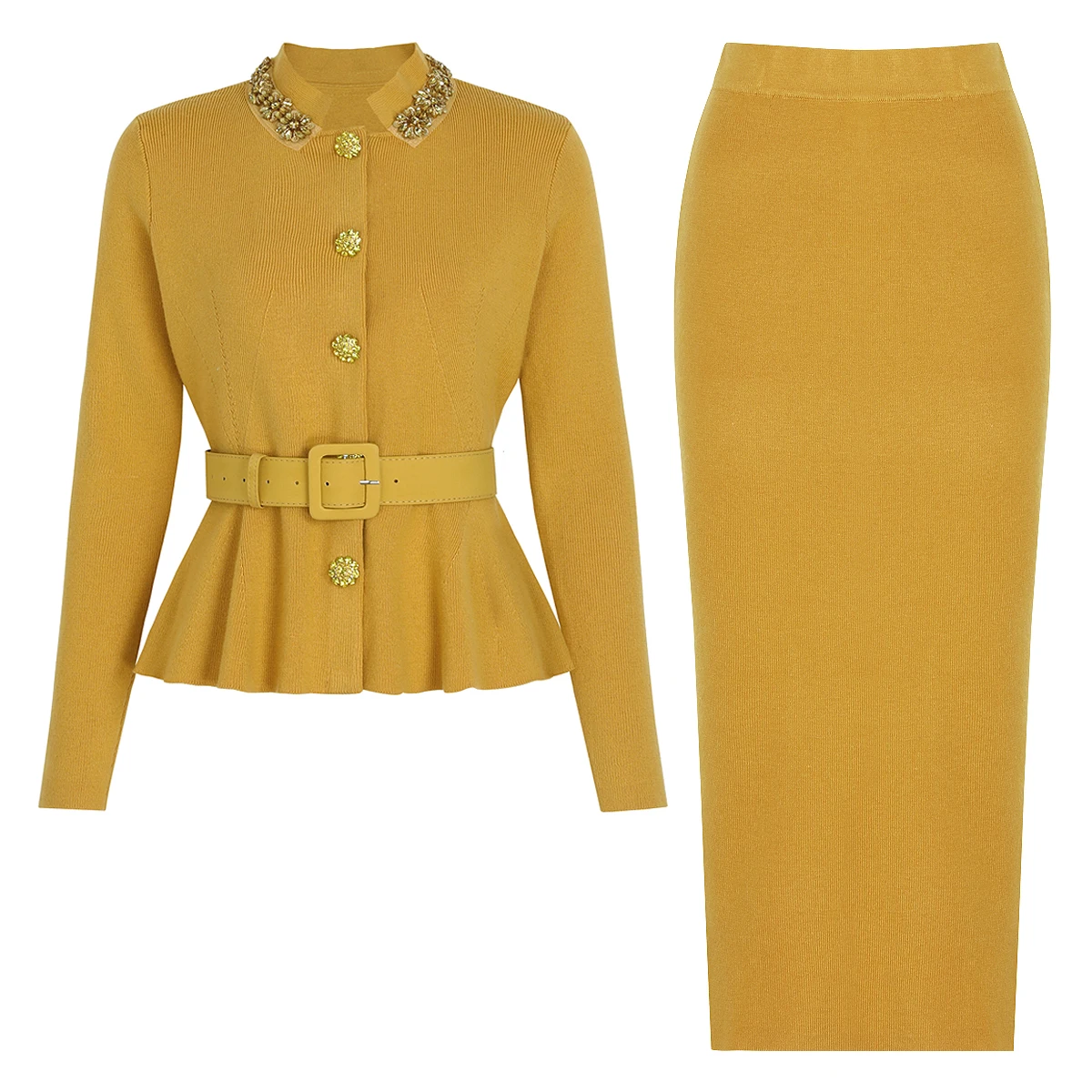 

2622 New Spring Autumn Women's Beaded Knitted Two Piece Set Cardigan Top With Belt Skirt Elegant Commuting Office Outfit