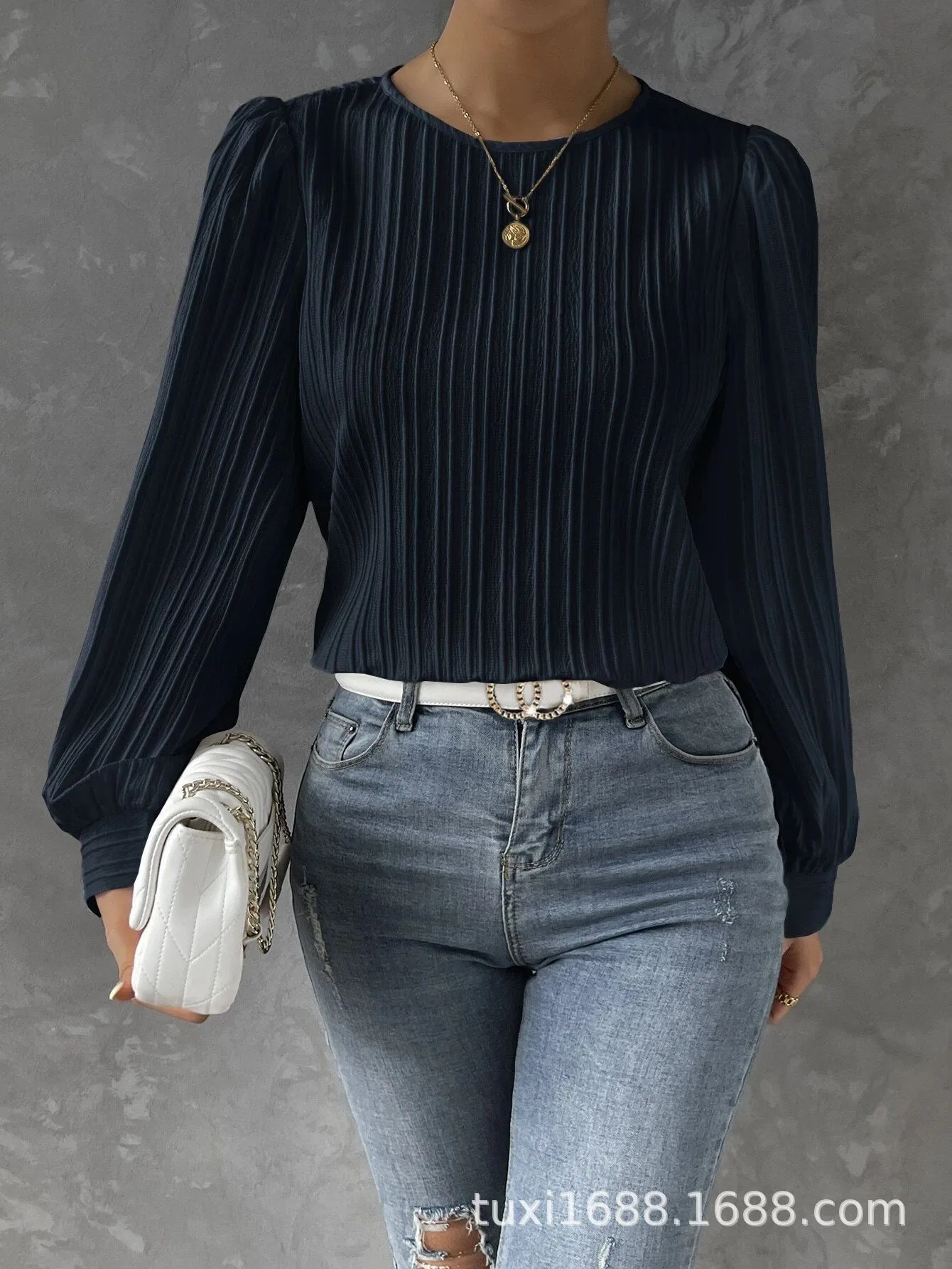 Women Blouse Long Sleeve Solid Color White Blouses Pleated Balloon Sleeve Light Blue Chiffon Blouse Crop Slim Fit Burgundy Top - view 4