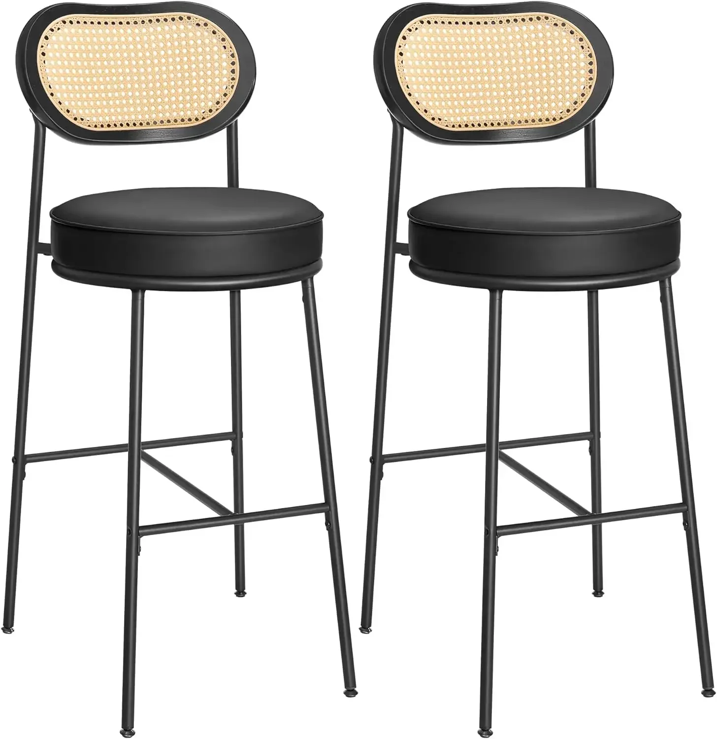 Bar Stools Set of 2,Bar Stool with PE Rattan Back,Synthetic Leather Upholstered Stools for Kitchen Island,30-Inch Bar Chairs