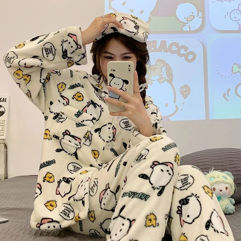 Sanrio Pochacco Cute Printed Plush Pajamas Set Y2k Flannel Soft Home Wear Winter Coral Velvet Student Cartoon Home Clothes Suit