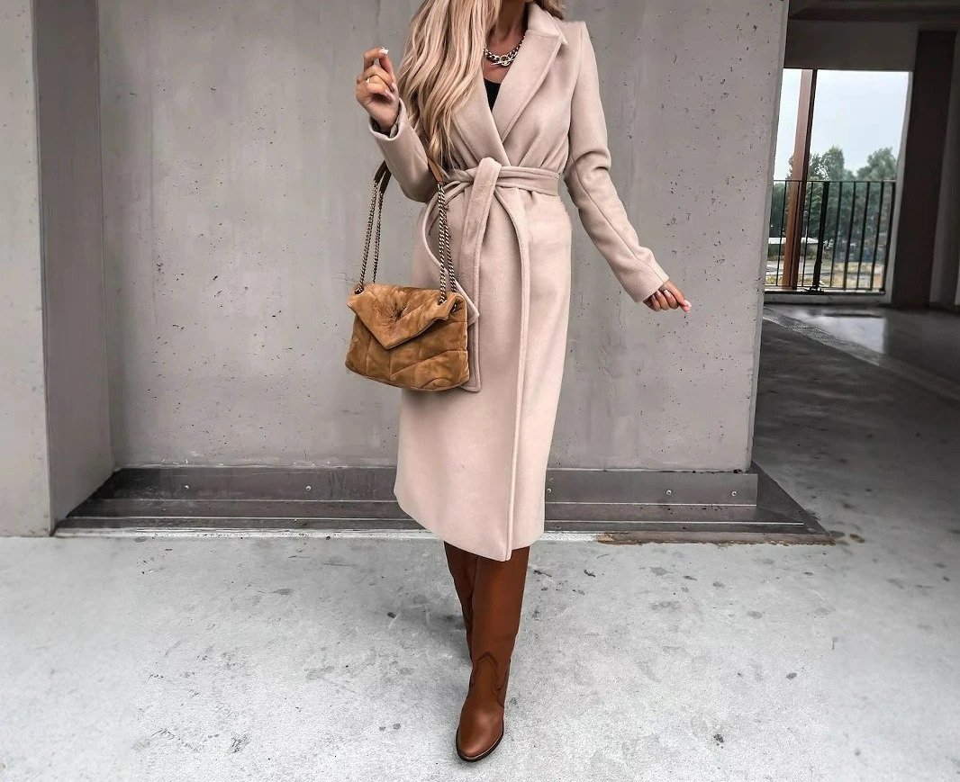 2025 Spring and Autumn Woolen Coat Simple and Fashionable V-neck Strap Long Coat for Women