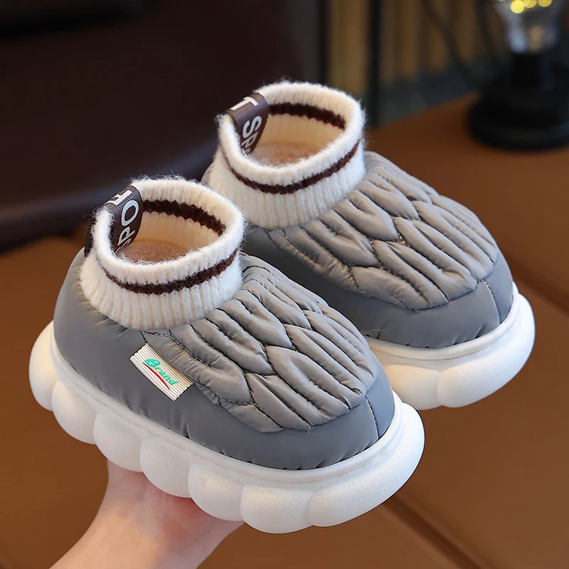 Fashion Winter Children\'s Cover Heel Fluffy Slippers Boys Girls Waterproof Non-slip Warm Home Kids Slip On Cotton-padded Shoes