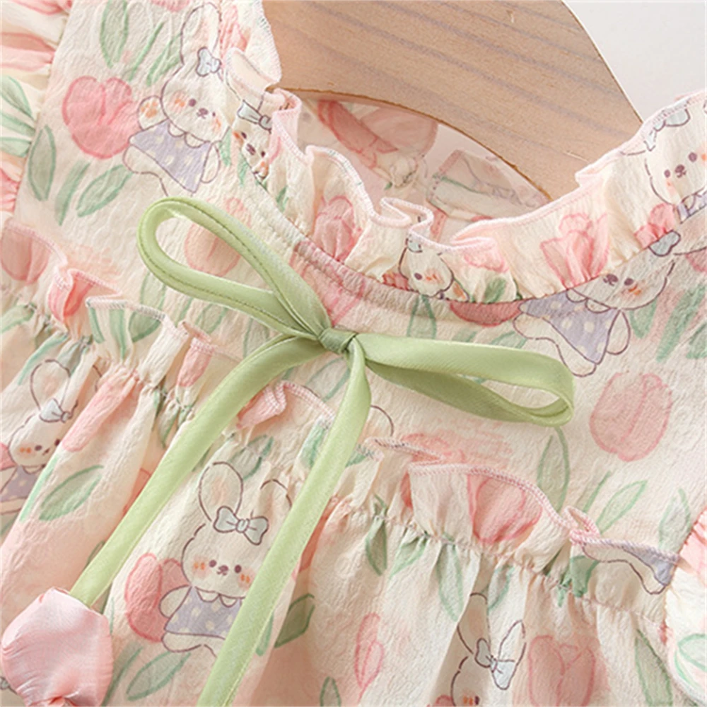 Summer Girl Baby Dress Girl Cartoon Rabbit Flower Print Tie Bow Flower Small Flying Sleeves Beach Dress