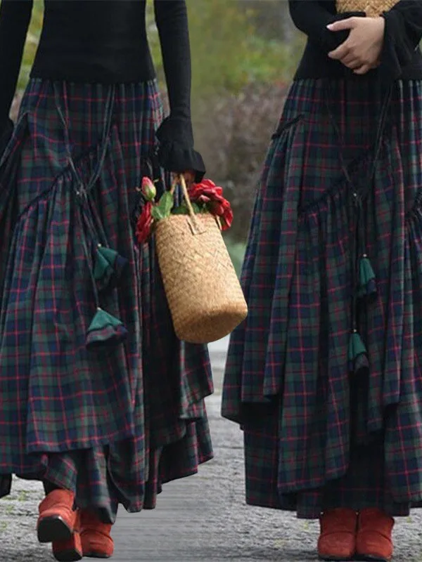 غير النظامية منقوشة المرقعة تنورة كبيرة عالية الخصر غير المتكافئة عادية عالية الخصر التنانير للنساء فضفاضة تناسب الخريف التنانير