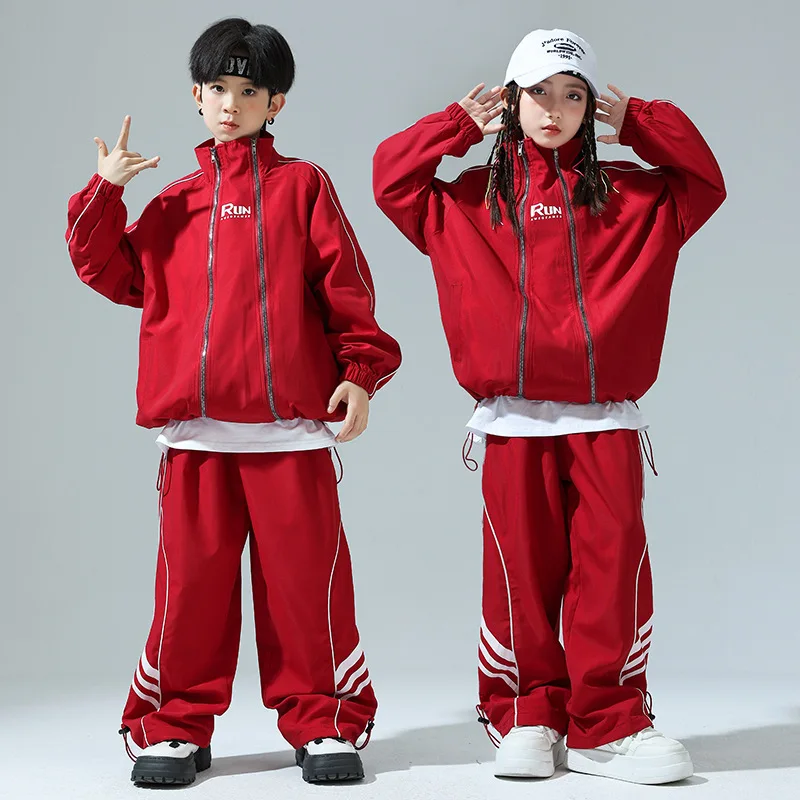 Boys Hip Hop Clothing Red Tops Streetwear Sports Meeting Cargo Pants for Girls Kids Jazz Dance Costume Clothes Set