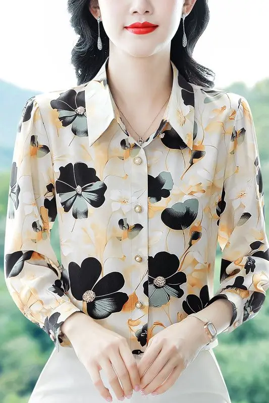 

Elegant Print Long Sleeve Shirt Spring Autumn New Fashion Mom Stylish Shirt Slimming Top JJ187